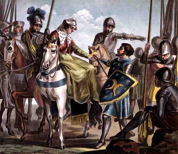Jeanne de Navarre (1271-1304) nimmt den Grafen von Bar gefangen, graviert von Jean Baptiste Morret (fl. 1790-1820) 1788 (farbige Gravur) von Antoine Louis Francois (after) Sergent Marceau
