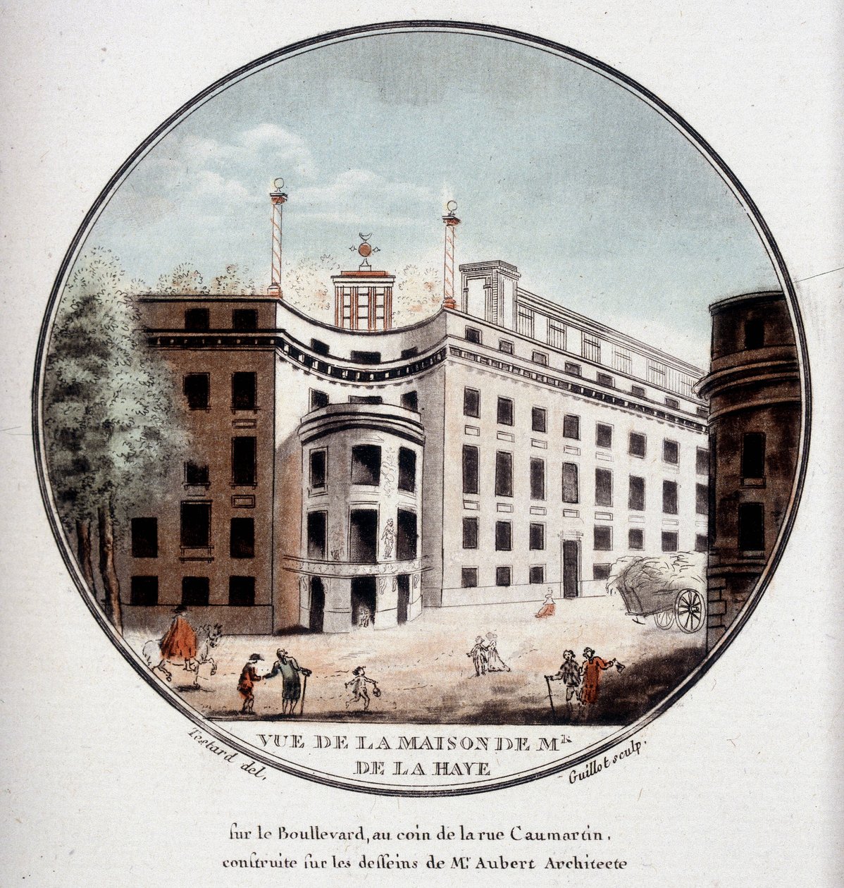 Ansicht des Hauses von Monsieur de La Haye an der Ecke der Rue Caumartin, Paris, gebaut nach Zeichnungen des Architekten Aubert. In pittoresken Ansichten der Hauptgebäude von Paris von Sergeant von Antoine Louis Francois Sergent Marceau