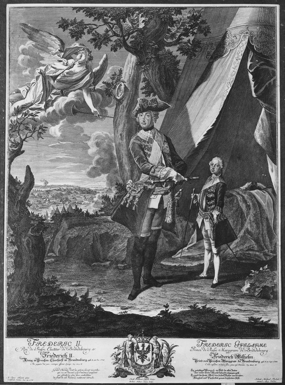 Friedrich II. (1712-86) und sein Neffe Friedrich Wilhelm II. (1744-97), graviert von Johann Probst (1673-1750) von Antoine Pesne