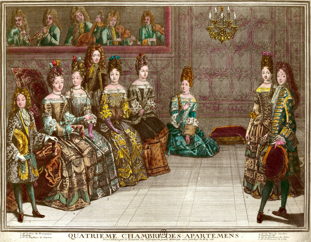 Tanz im vierten Schlafzimmer der Wohnungen der Familie von Ludwig XIV. (1638-1715) während der Abende des Apartments in Versailles um 1696 von Antoine Trouvain
