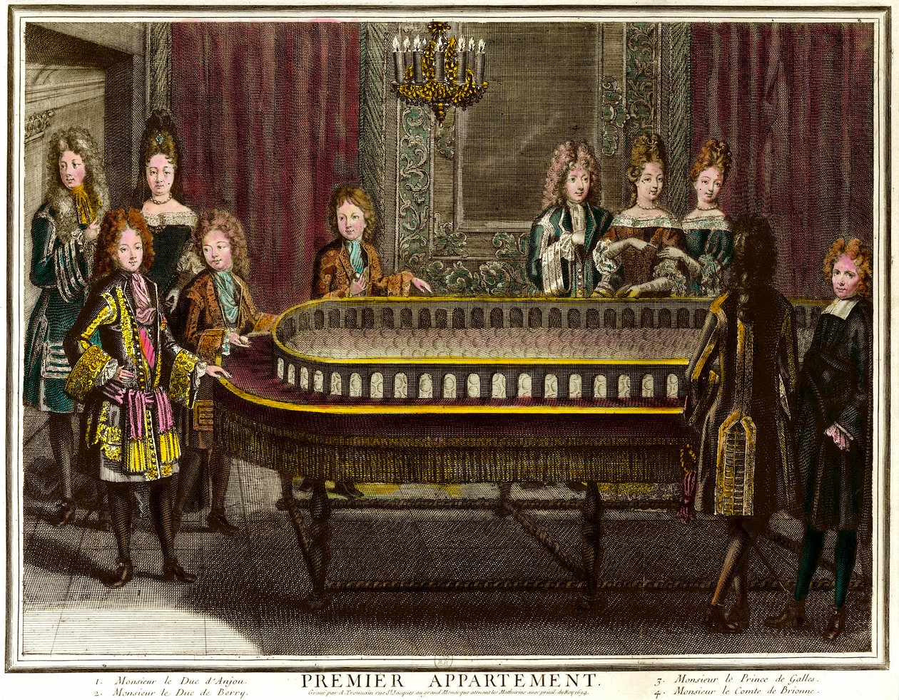 Philippe von Frankreich, Herzog von Anjou, später König von Spanien (1683-1746), Charles, Herzog von Berry (1686-1714) und Prinz von Wales spielen im ersten Appartement von Ludwig XIV. in Versailles - Kupferstich von Antoine Trouvain (1656-1708) Private Sa von Antoine Trouvain