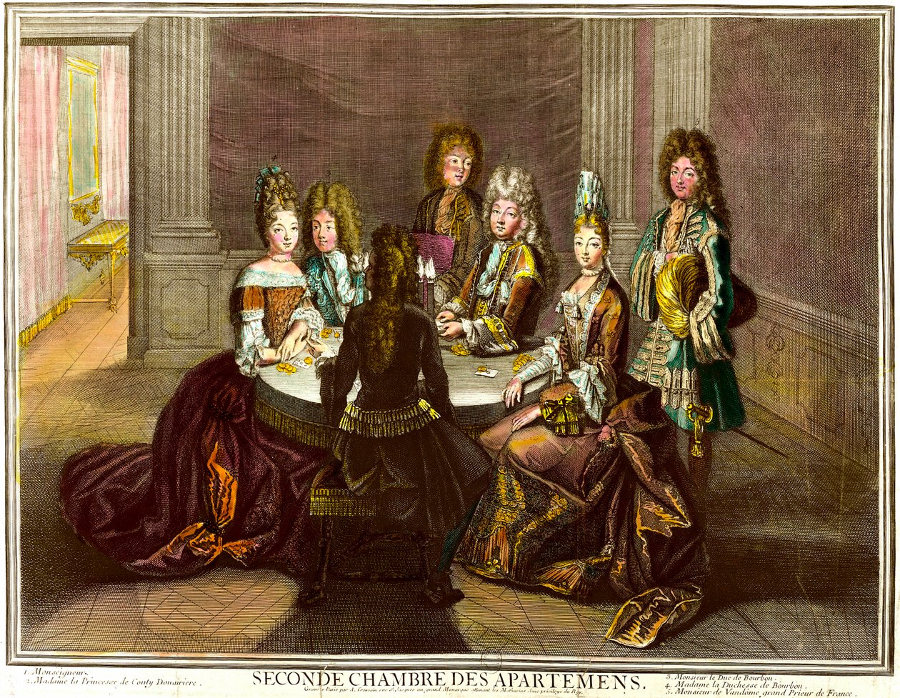 Der Hof spielt Karten im zweiten Schlafzimmer der Appartements von Ludwig XIV. Kupferstich von Antoine Trouvain (1656-1708) von Antoine Trouvain
