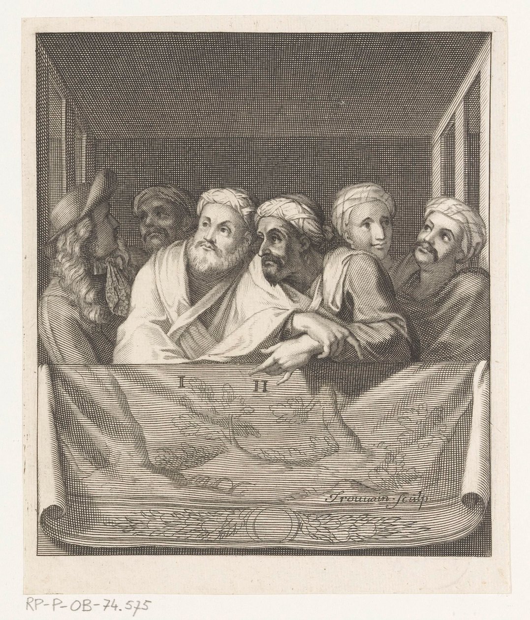 Fünf Männer mit Turban und einer mit Hut in einer Loge hinter einer Balustrade von Antoine Trouvain