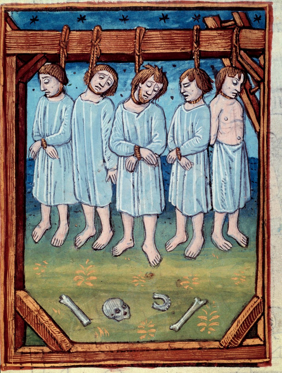 Fünf Männer gehängt. Miniatur in „Chroniken von Saint Denis“ Paris, Antoine Verard von Antoine Verard