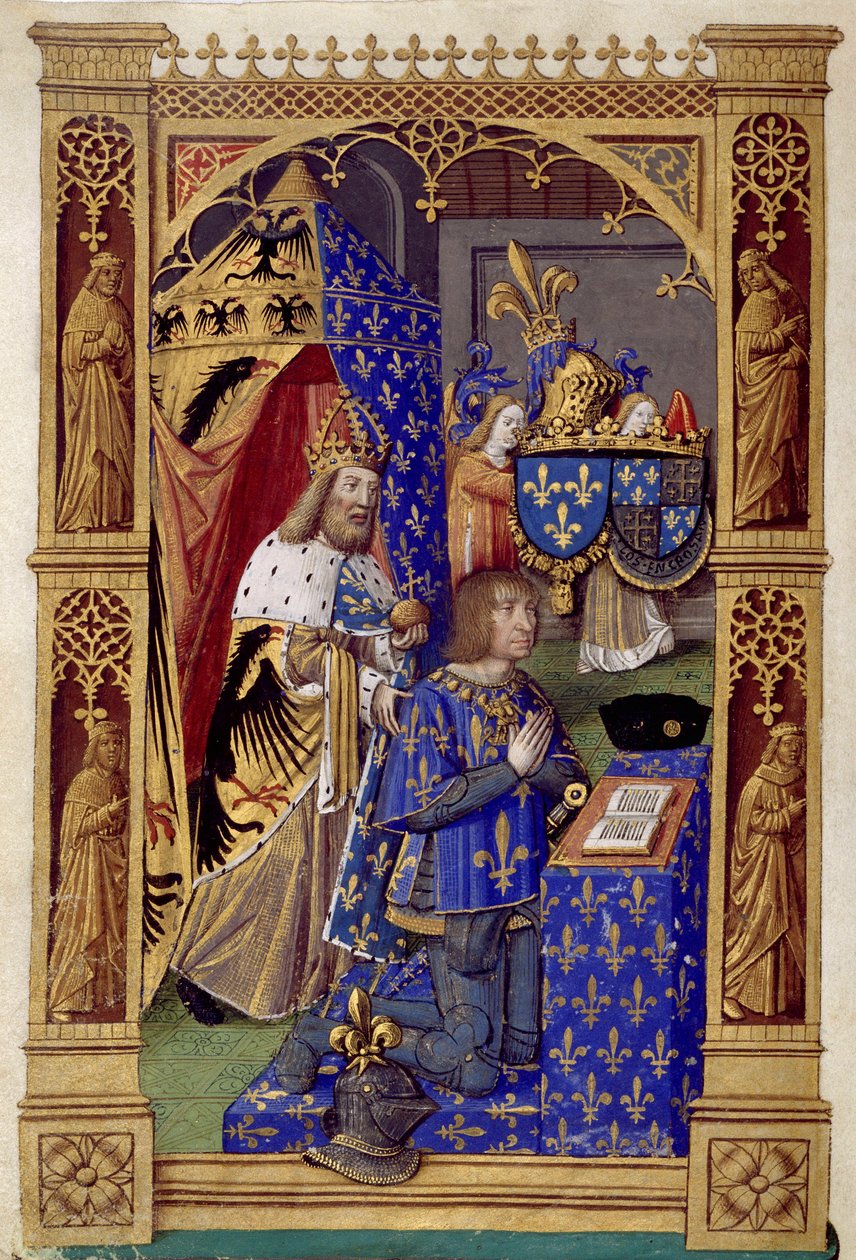 Der König von Frankreich Ludwig XII. (1462-1515) im Gebet mit Karl dem Großen hinter ihm - Miniatur von Antoine Verard (1485-1512) in "Das Stundenbuch von Karl VIII." von Antoine Verard