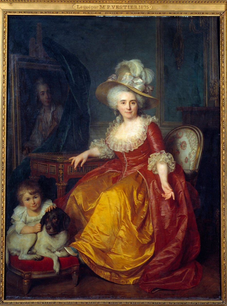 Porträt von Madame Vestier (1740-1831) mit einem Kind zu ihren Füßen, das einem Hund ins Ohr kneift von Antoine Vestier