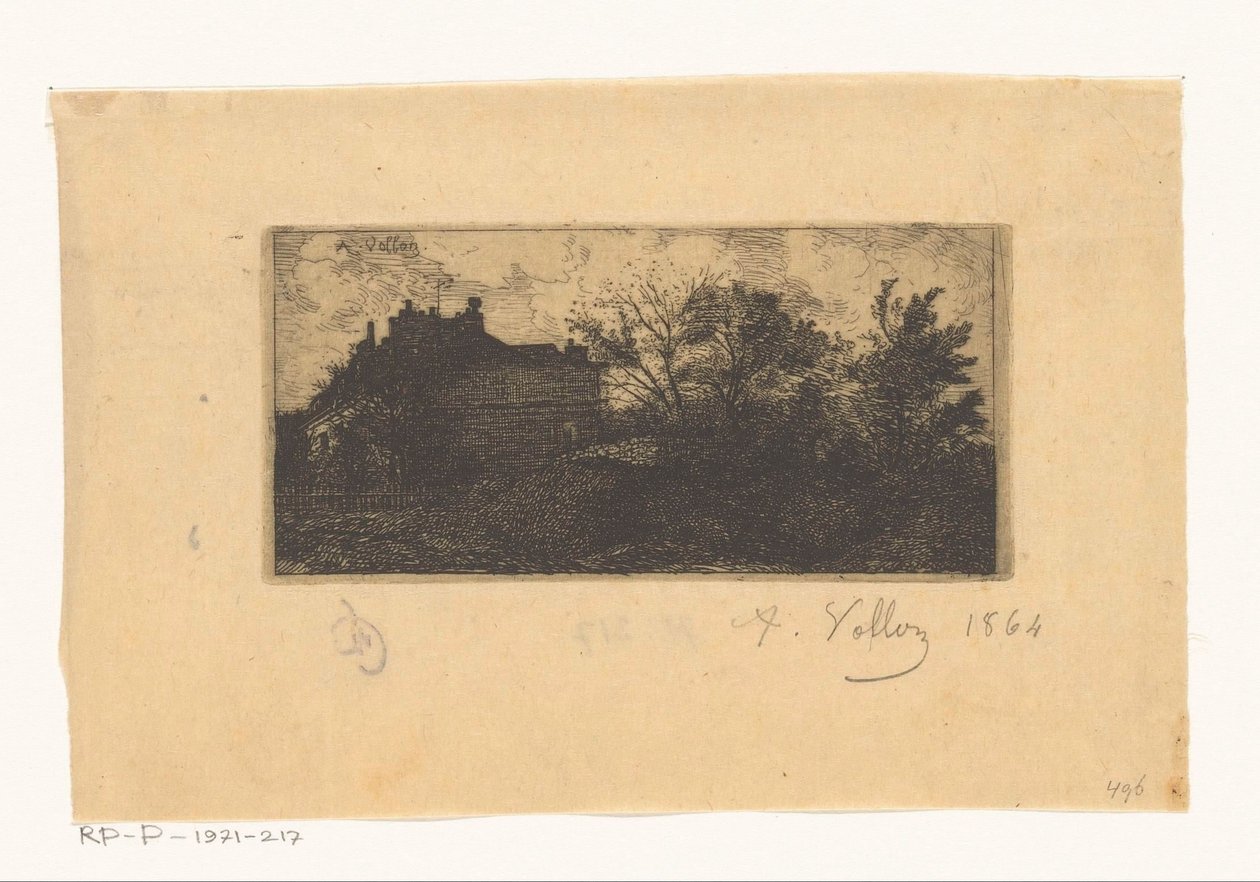 Landschaft mit Häusern hinter einem Zaun und Bäumen im Vordergrund von Antoine Vollon (signed by artist)
