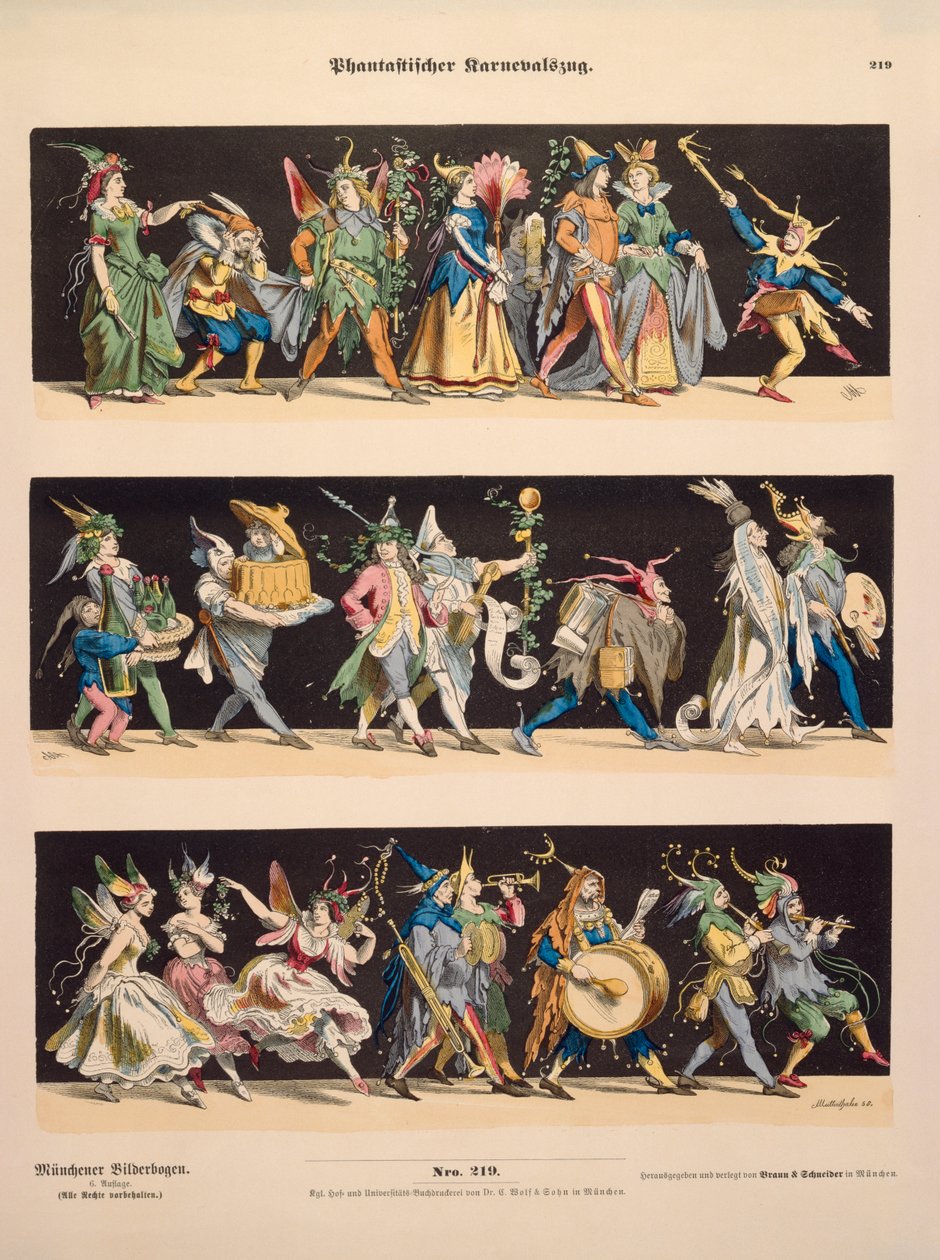 Ein fantasievoller Karnevalsumzug, aus Muenchener Bilderbogen, veröffentlicht von Braun & Schneider, München, 1868 von Anton Muttenthaler