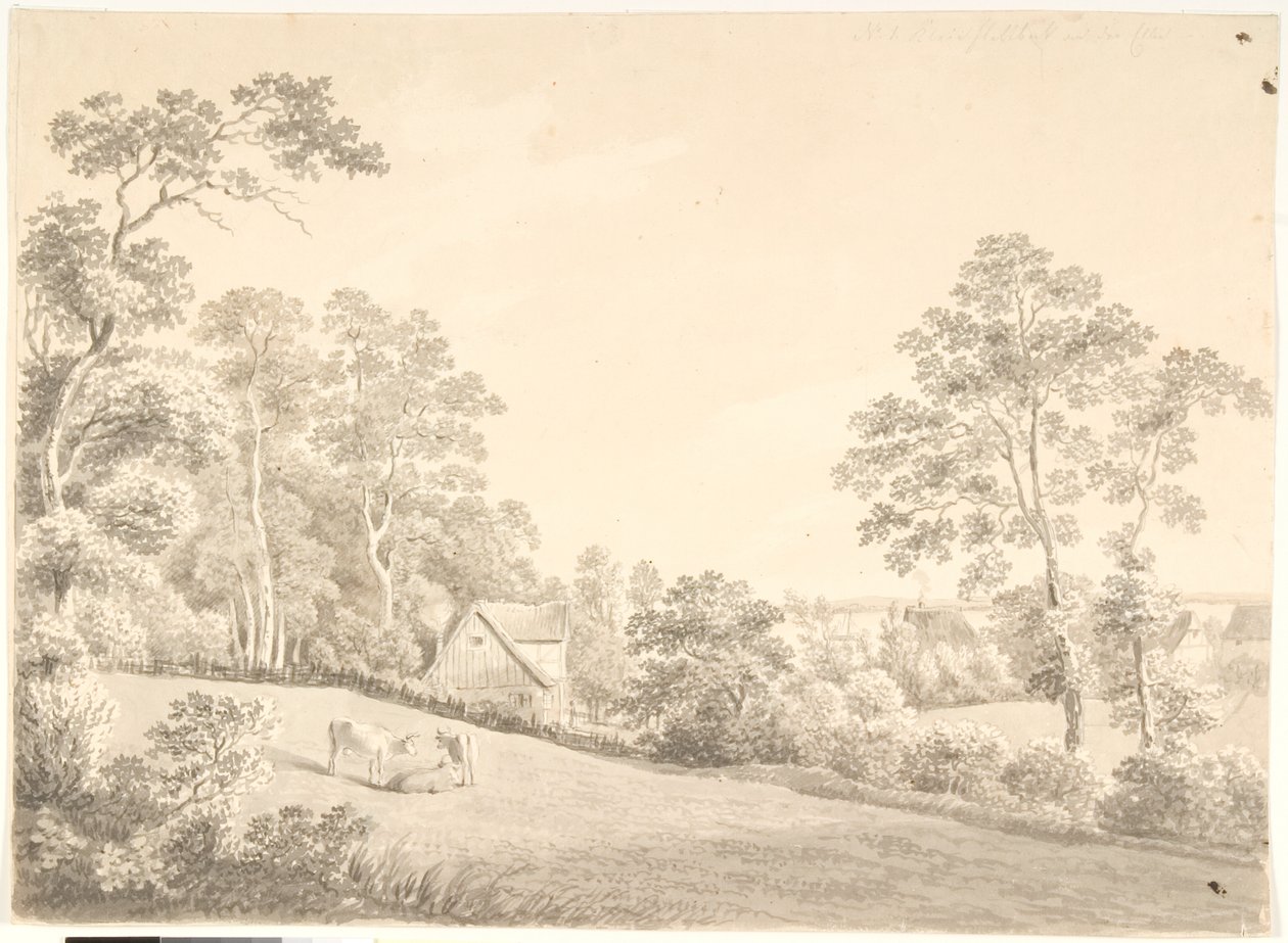 Landschaft mit Haus und Kühen an der Elbe von Anton Carl Dusch