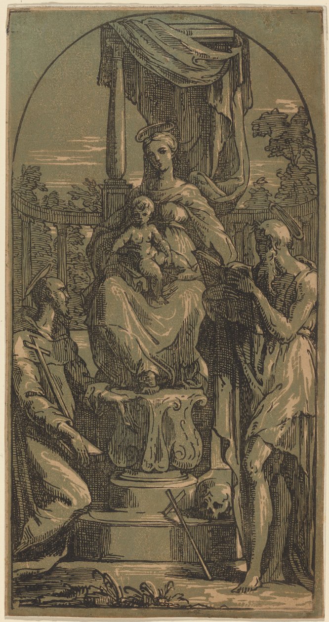 Madonna und Kind auf dem Thron, Heiliger Hieronymus und Heiliger Franziskus von Anton Maria Zanetti I, after Parmigianino