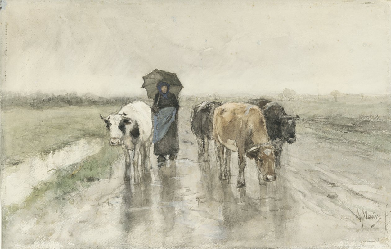 Eine Bäuerin mit Kühen auf einem Landweg im Regen von Anton Mauve