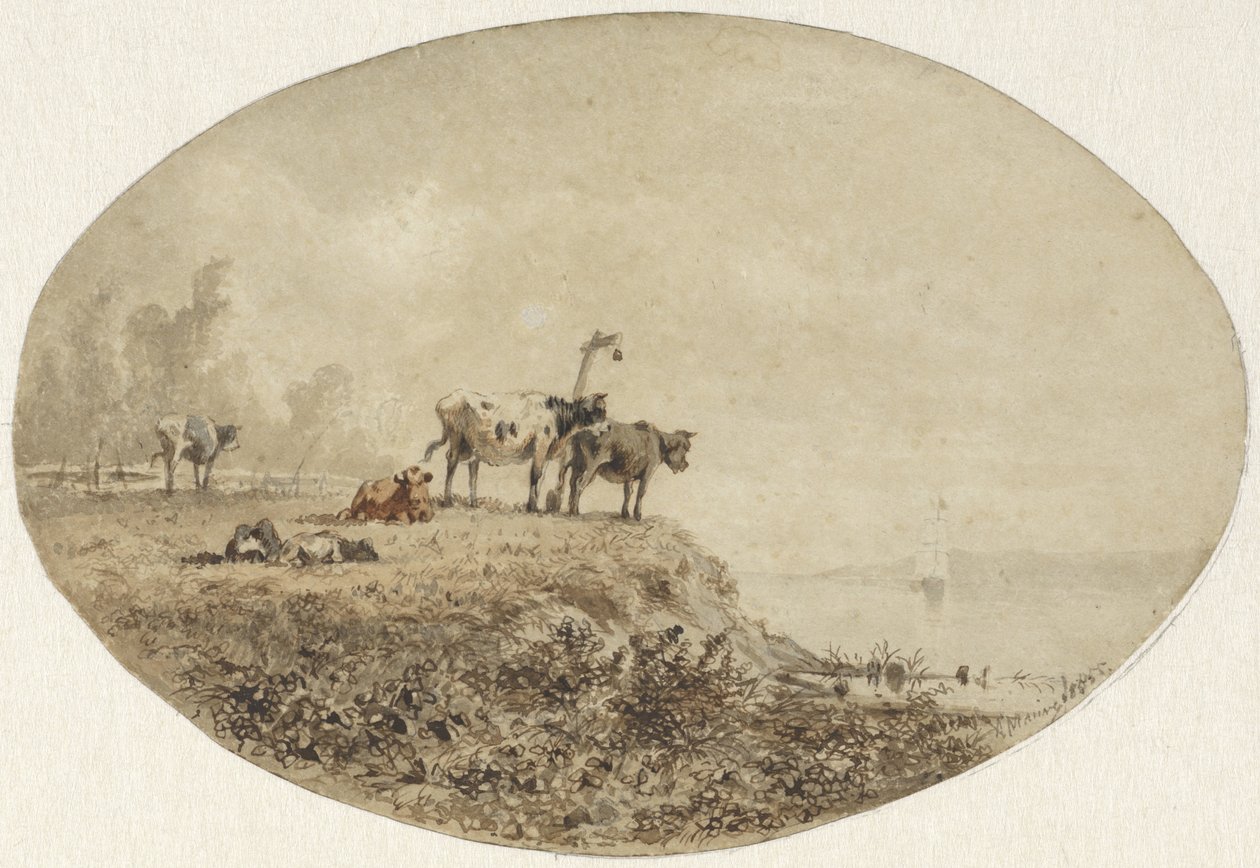 Kühe am Wasser, in der Ferne ein Segelschiff von Anton Mauve