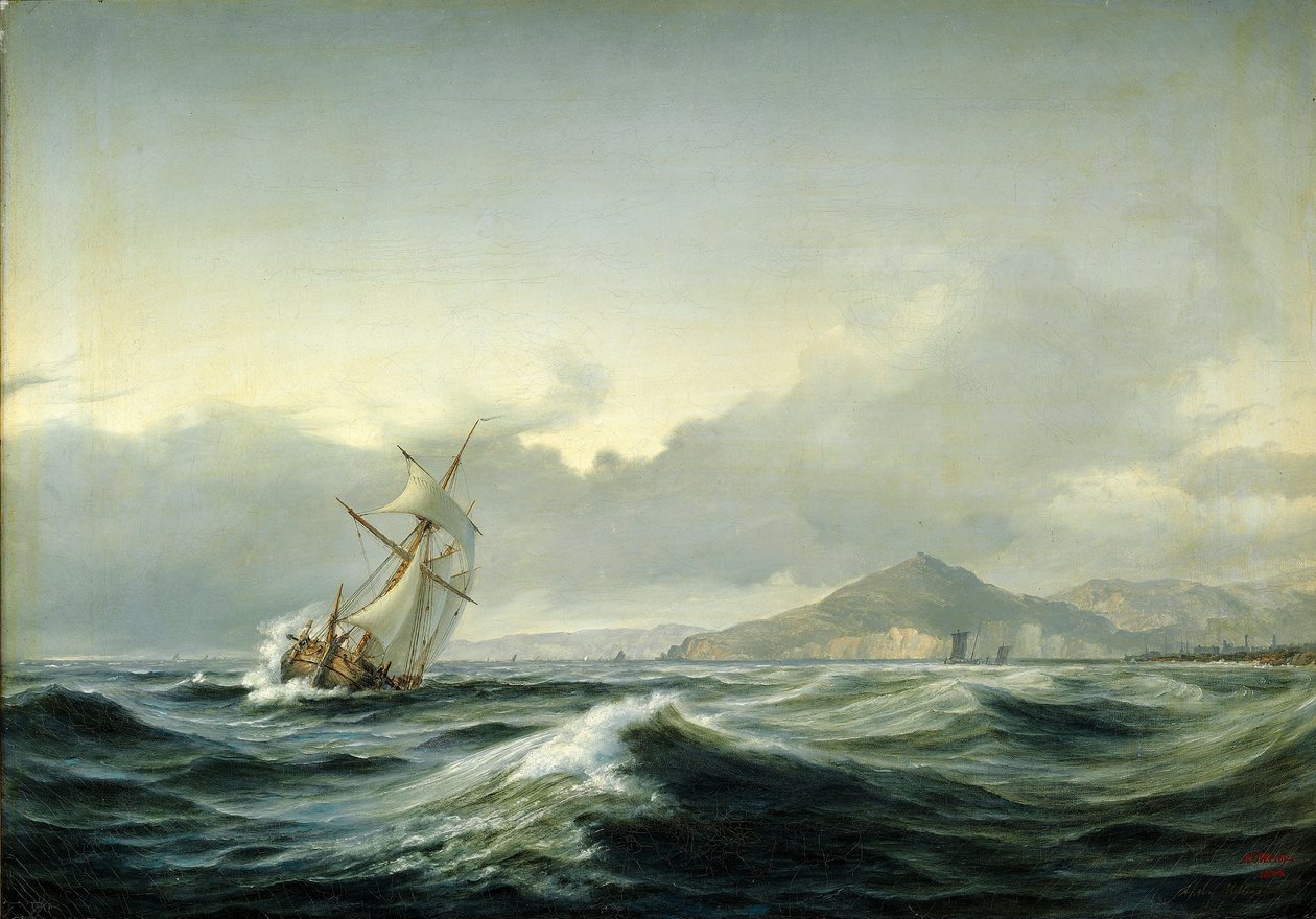 Meereslandschaft mit Segelschiff in stürmischer See. Im Hintergrund eine felsige Küste von Anton Melbye