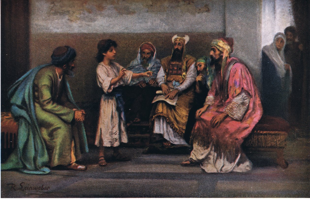 Christus mit den Gelehrten im Tempel, aus Hulberts Geschichte der Bibel, veröffentlicht von The John Winston Company, 1932 von Anton Robert Leinweber