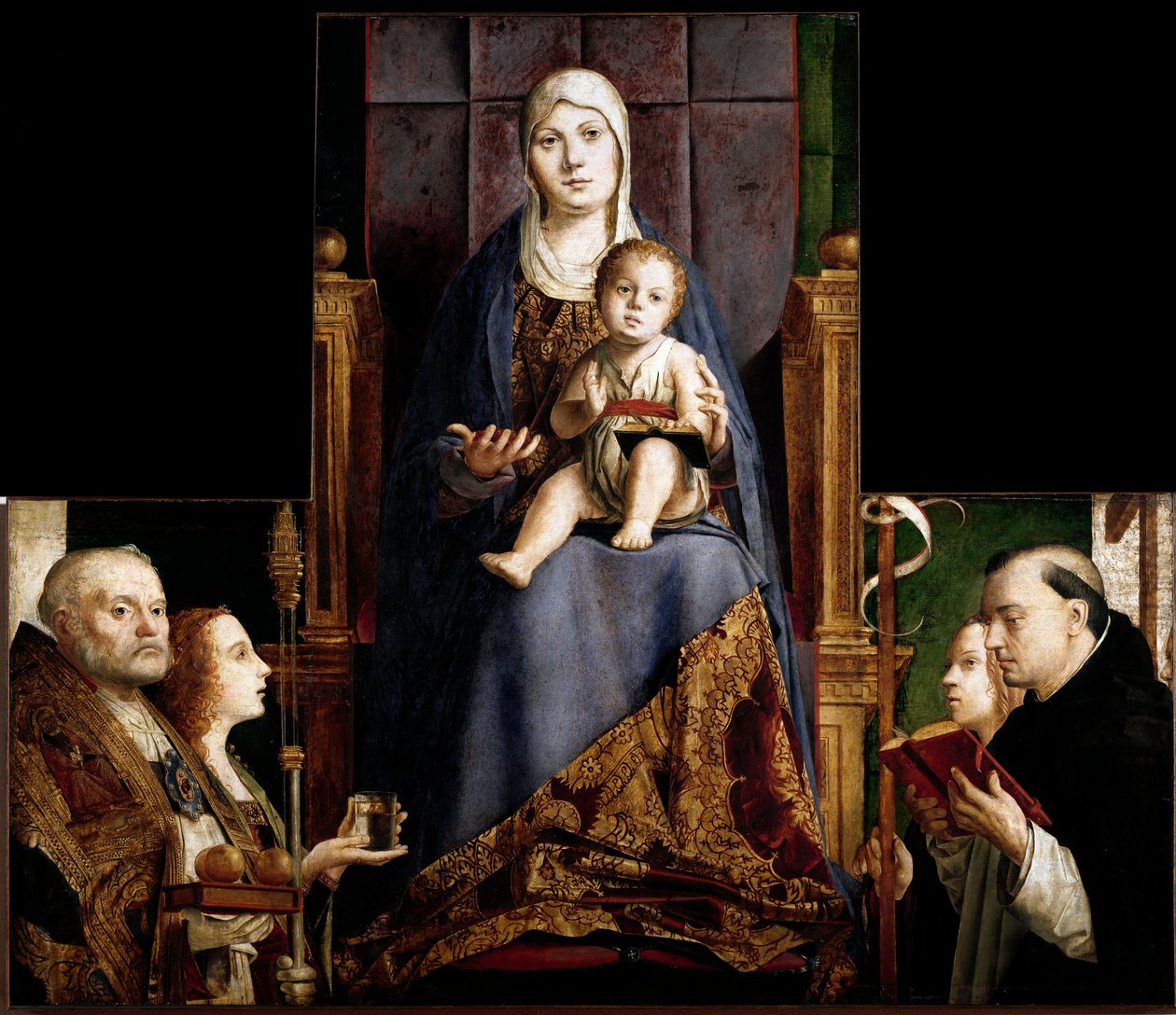 Altarbild von San Cassiano: Jungfrau und Kind umgeben von Heiligen Nikolaus von Myra oder Bari (270-345), Maria Magdalena, Heilige Ursula und Heilige Dominica von Antonello da Messina