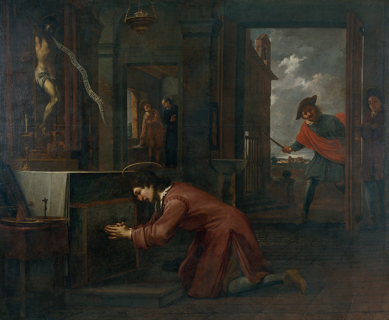 Der heilige Franziskus erhält vom Kruzifix in Sankt Damian den Auftrag, das Haus Gottes zu reparieren von Antoni Viladomat