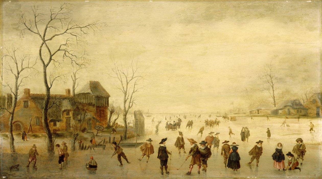 Winterlandschaft mit Schlittschuhläufern, Golfspielern und Bauern auf gefrorenen Wasserwegen von Antoni  Verstralen