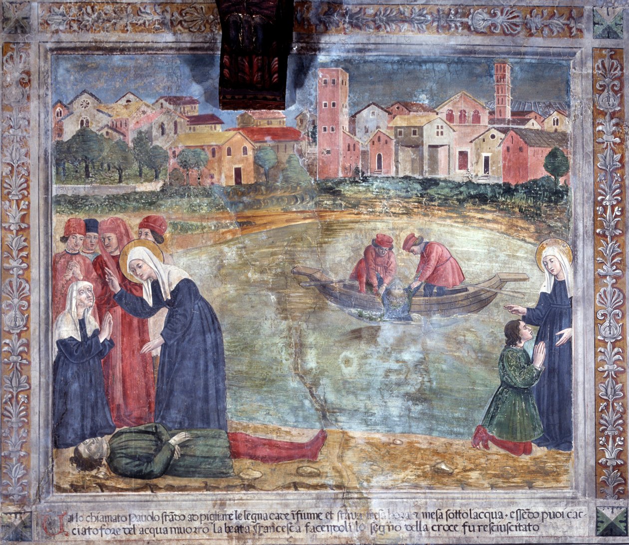 Leben der Heiligen Francesca Romana: Ein Mann wird von der Heiligen wiederbelebt, nachdem er im Tiber ertrunken ist von Antoniazzo Romano