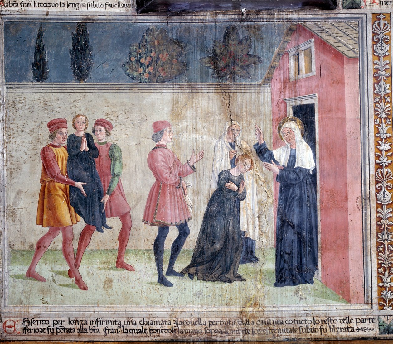 Leben der hl. Francesca Romana: Die Heilige trifft eine gelähmte Frau namens Jacobella und verspricht, sie zu heilen von Antoniazzo Romano
