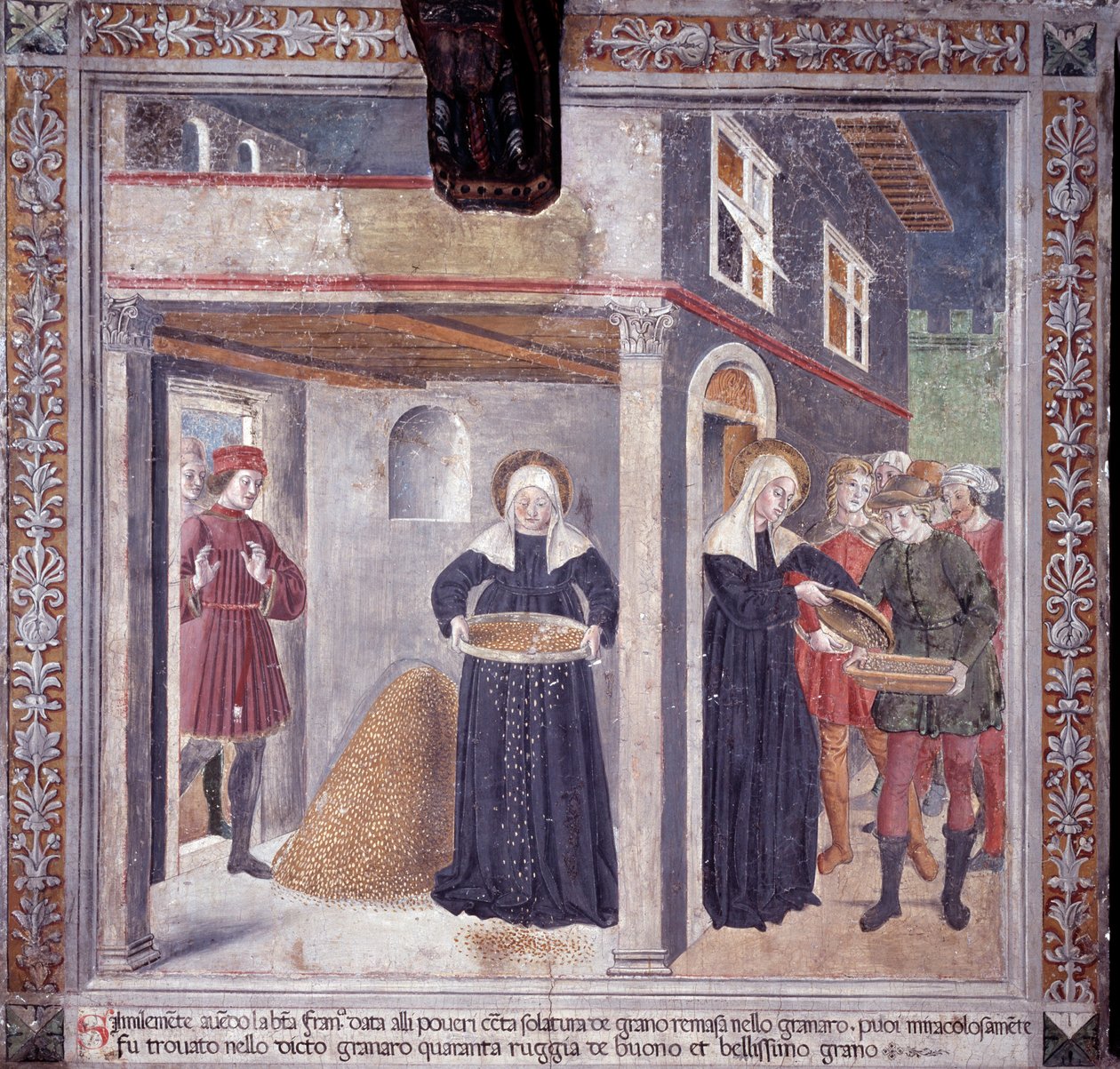 Leben der hl. Francesca Romana: Während einer schweren Hungersnot im Jahr 1402 gibt Francesca ihr gesamtes Getreide den Armen von Antoniazzo Romano