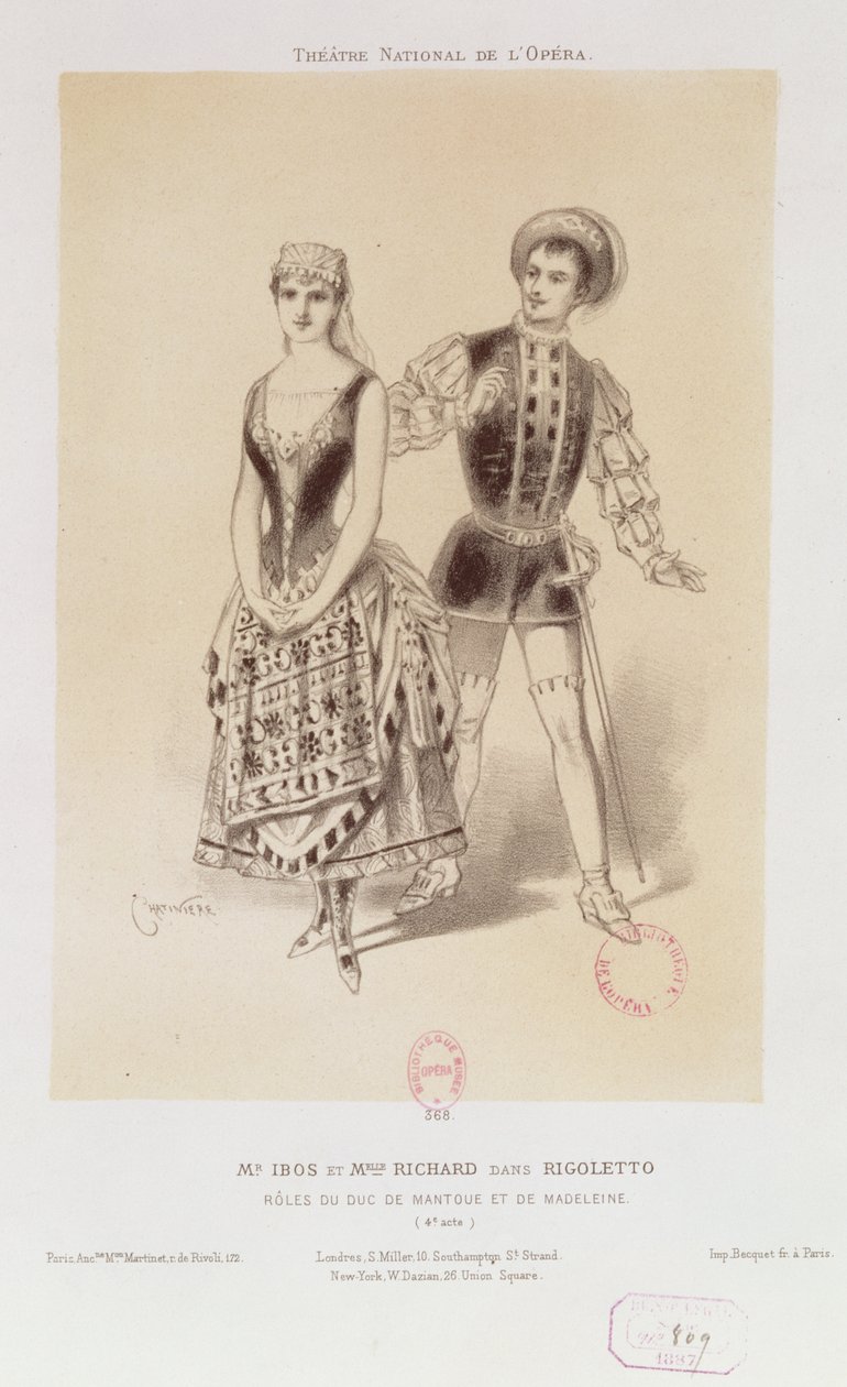 Mr. Ibos und Miss Richard als Herzog von Mantua und Magdalena in Rigoletto von Verdi, 1885 von Antonin Marie Chatiniere