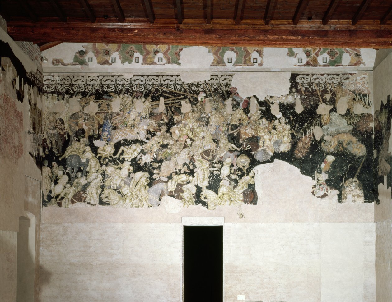 Kampfturnier, mit dem Lancastrian SS-Kragen mit Ringelblumenblüten, Emblem der Familie Gonzaga, im Fries darüber, Fragment eines Wandgemäldes aus der Sala del Pisanello (ehemals Sala dei Principi) von Antonio Pisanello