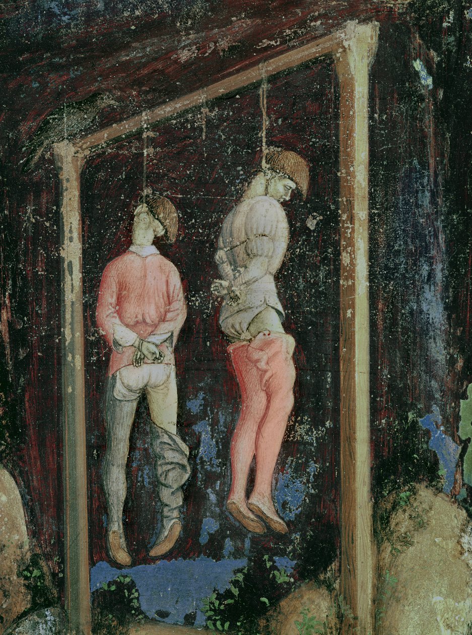 St. Georg und die Prinzessin von Trapezunt, Detail von zwei hängenden Männern von der linken Seite, ca. 1433-38 von Antonio Pisanello