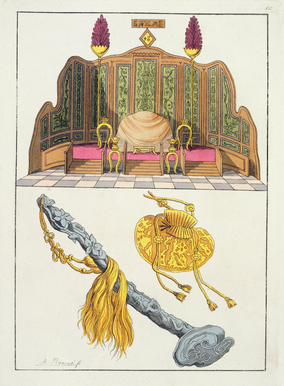 Thron eines chinesischen Kaisers, Yo-yo Zepter und Kappe, Illustration aus 