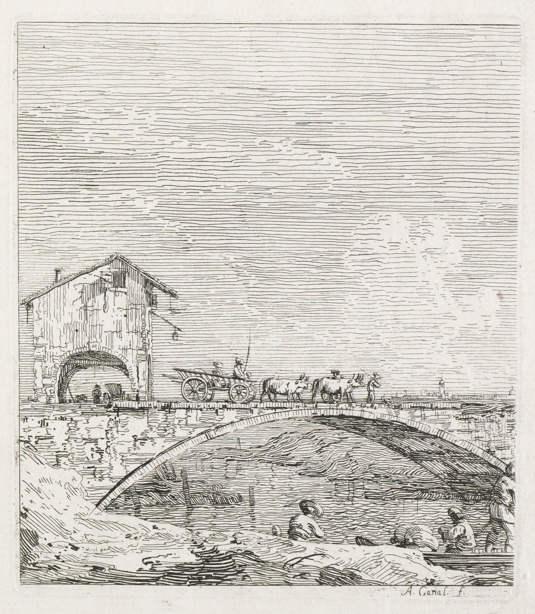 Ansichten: Ein Wagen überquert eine Brücke von Antonio Canaletto