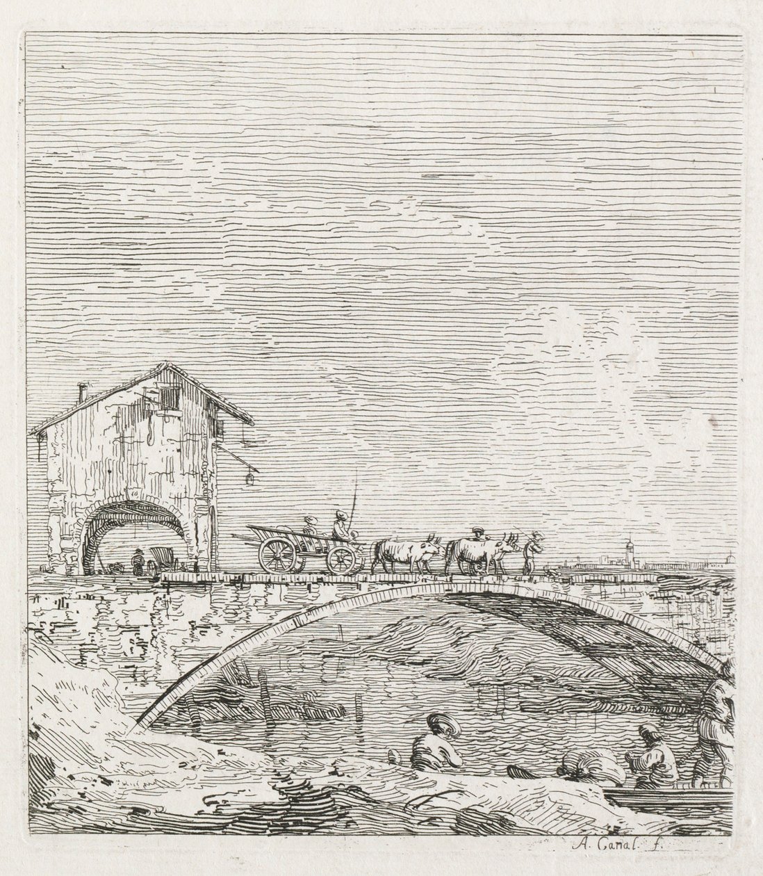 Ansichten: Ein Wagen überquert eine Brücke, 1735-1746 von Giovanni Antonio Canal