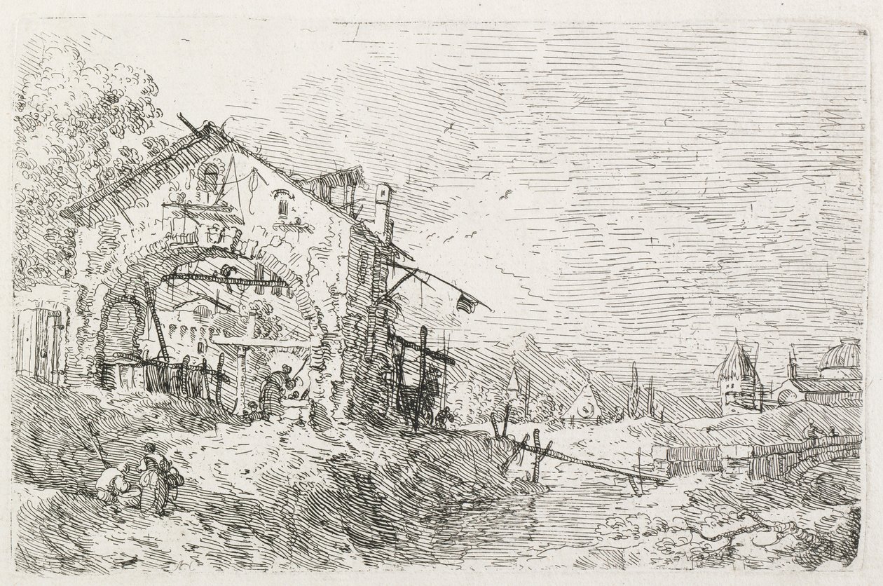 Ansichten: Eine Frau, die Wasser unter einem Bogen schöpft von Antonio Canaletto
