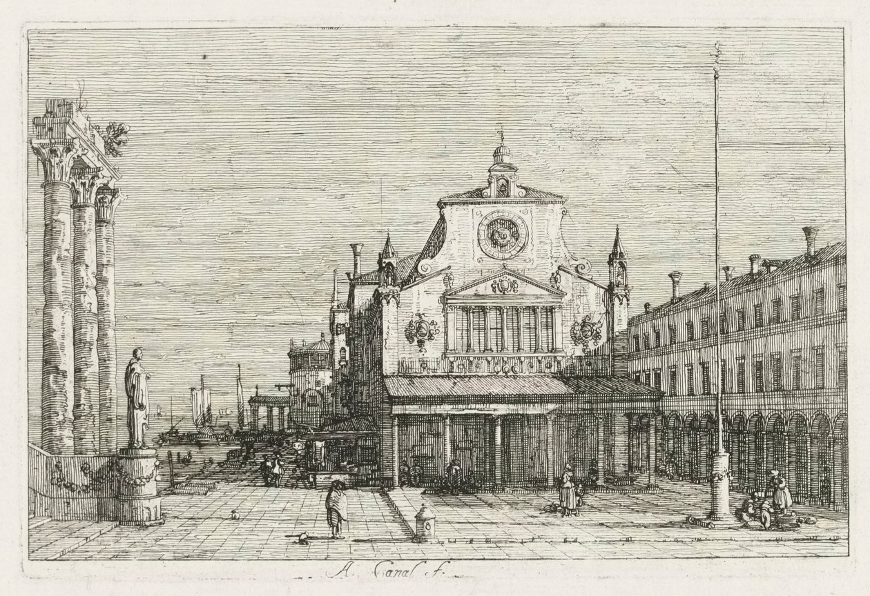 Ansichten: Drei Säulen und eine Statue an der Küste von Antonio Canaletto