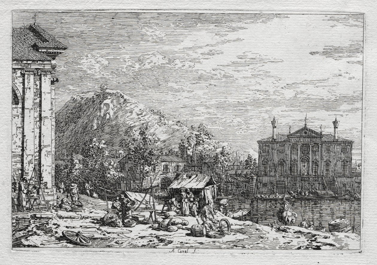 Ansichten von Venedig und Umgebung: Eine Stadt jenseits eines Flusses, 1700er von Giovanni Antonio Canal