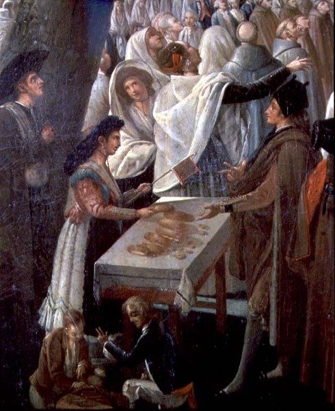 Der Aufstieg eines Heißluftballons in Madrid, Detail eines Imbissstands in der Menge von Antonio Carnicero