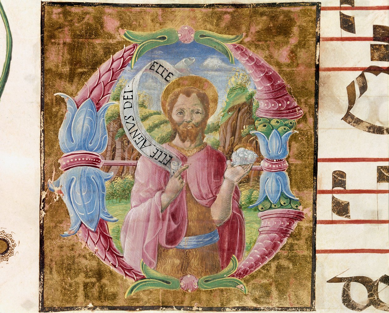 Johannes der Täufer Lettrine, illuminiert von Antonio Cicognari. Detail eines Antiphonars. 1483. Cremone, choral 4, capitolo del duomo von Antonio Cicognara