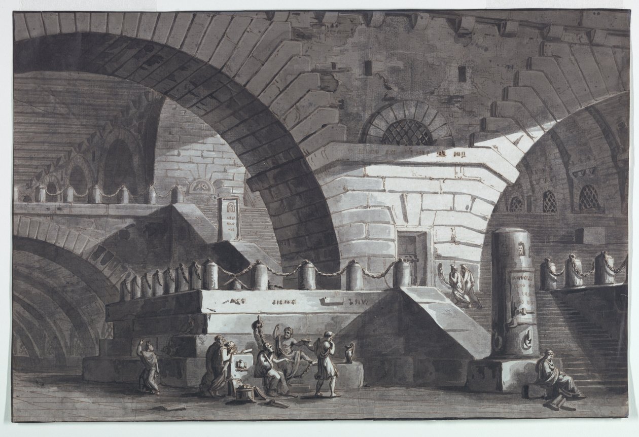Bühnenbild, Gefängnisinneres mit dem Tod des Sokrates von Antonio Giuseppe Basoli
