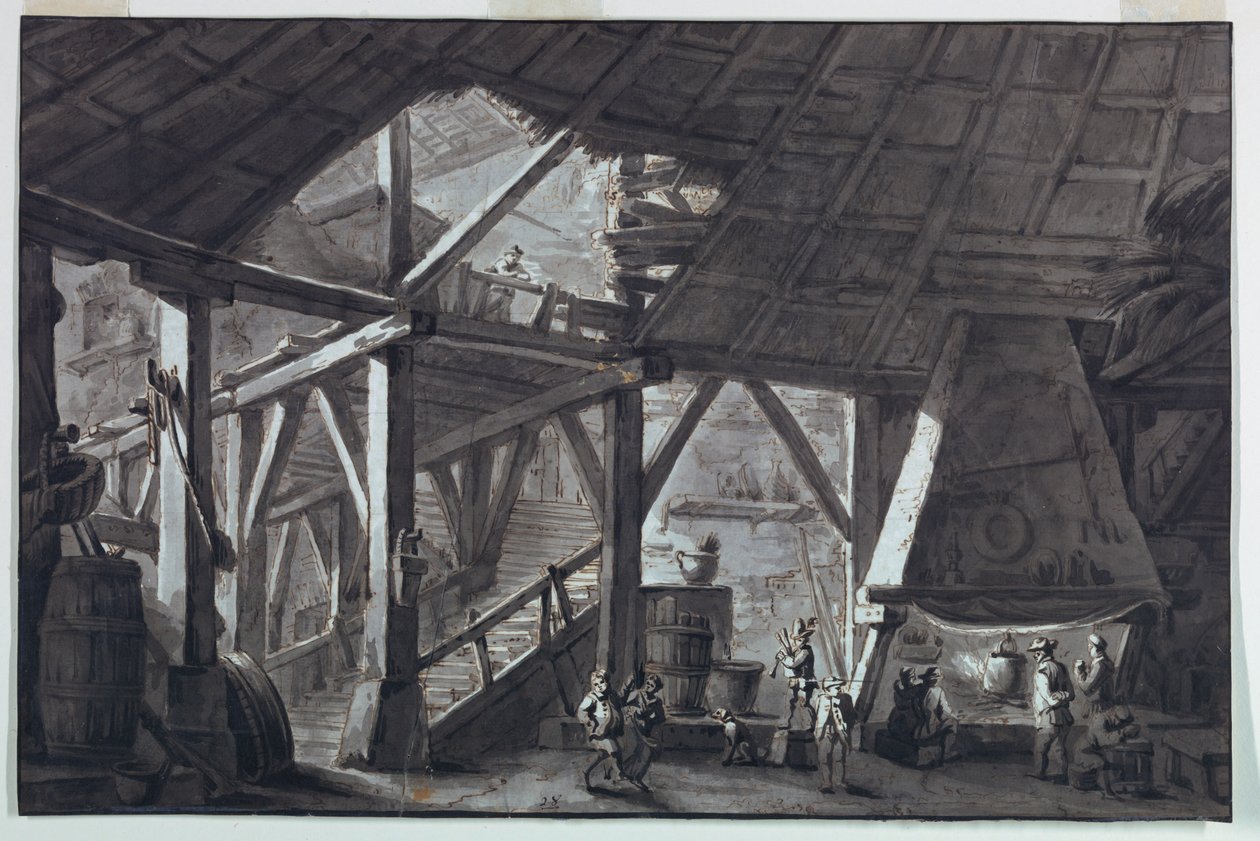 Bühnenbild, Innenraum eines zerstörten Bauernhauses von Antonio Giuseppe Basoli