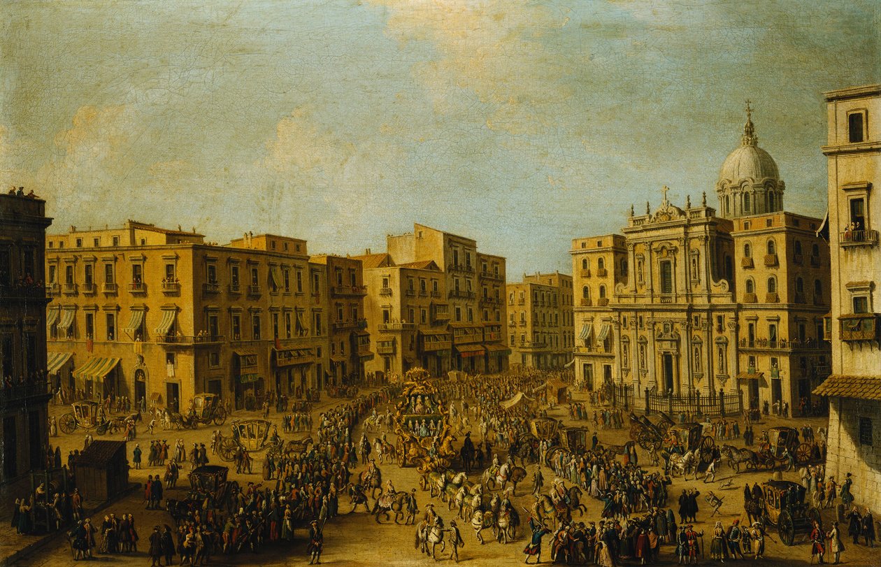 Der Largo San Ferdinando, Neapel, zur Karnevalszeit mit der königlichen Kutsche, die sich dem Palazzo Reale nähert von Antonio Joli