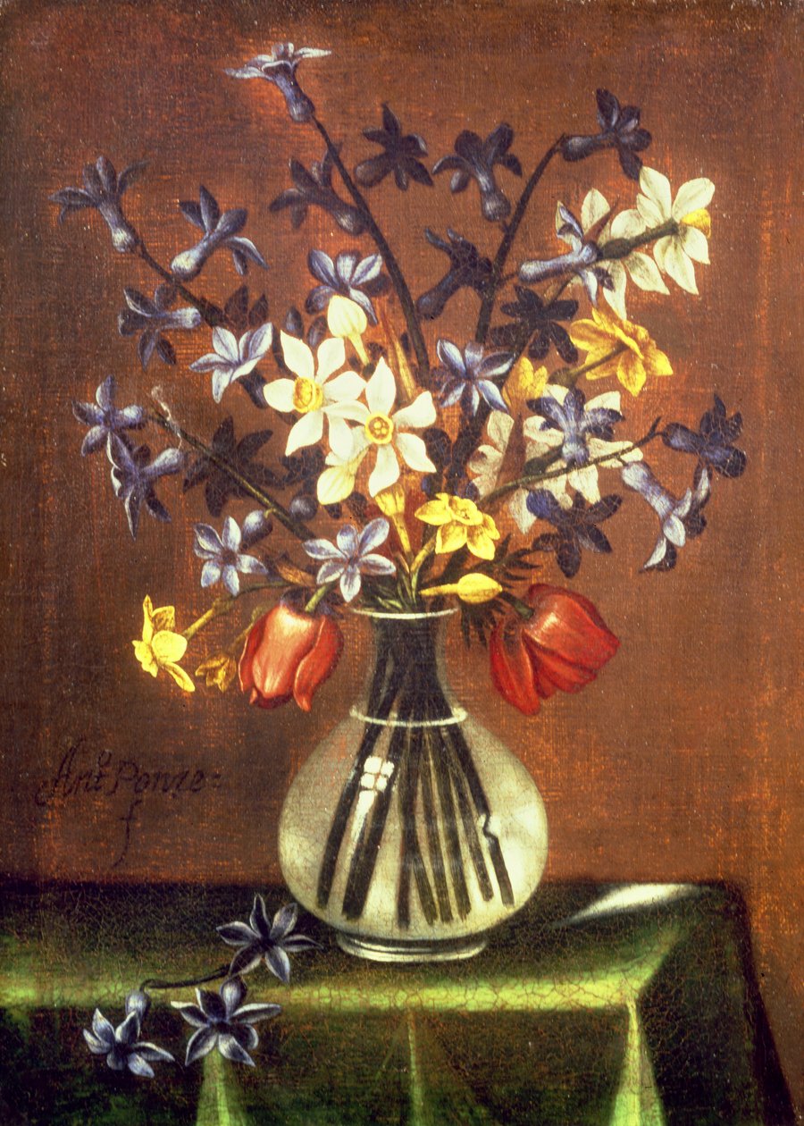 Stillleben mit Blumen, darunter Hyazinthe, Tulpen und Pfauenauge von Antonio Ponce