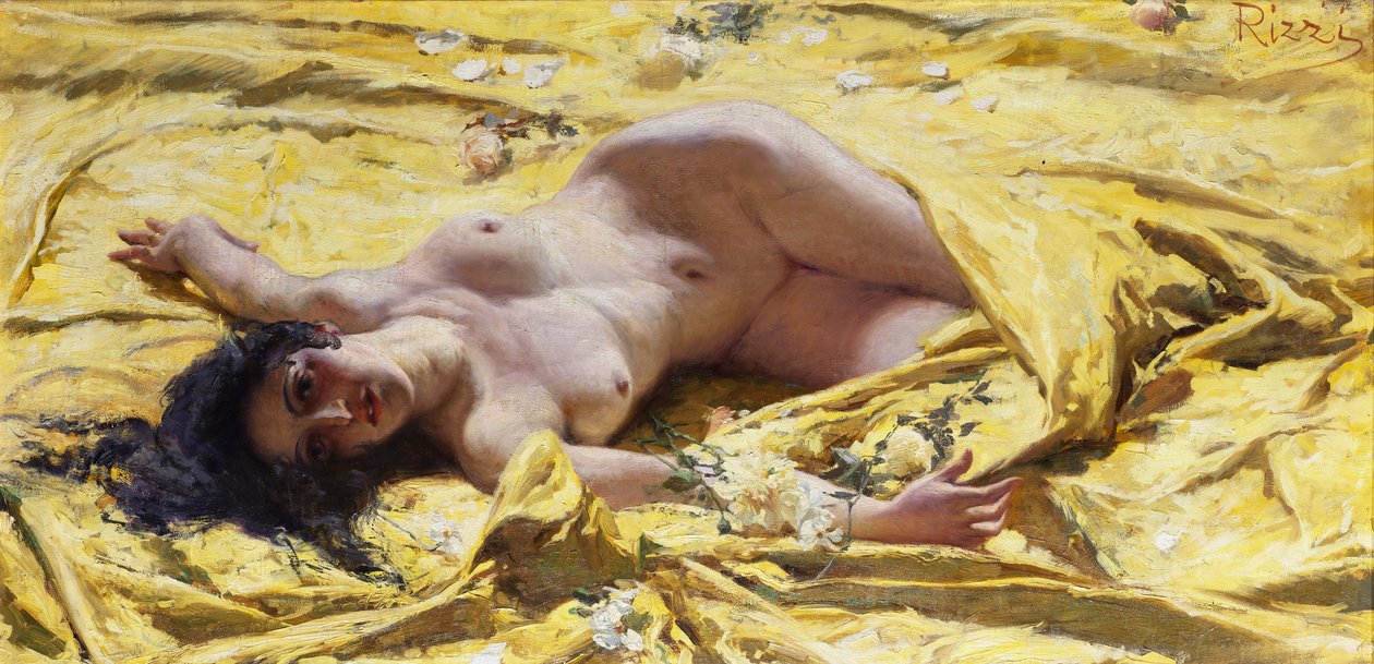 Nackt auf gelben Laken von Antonio Rizzi