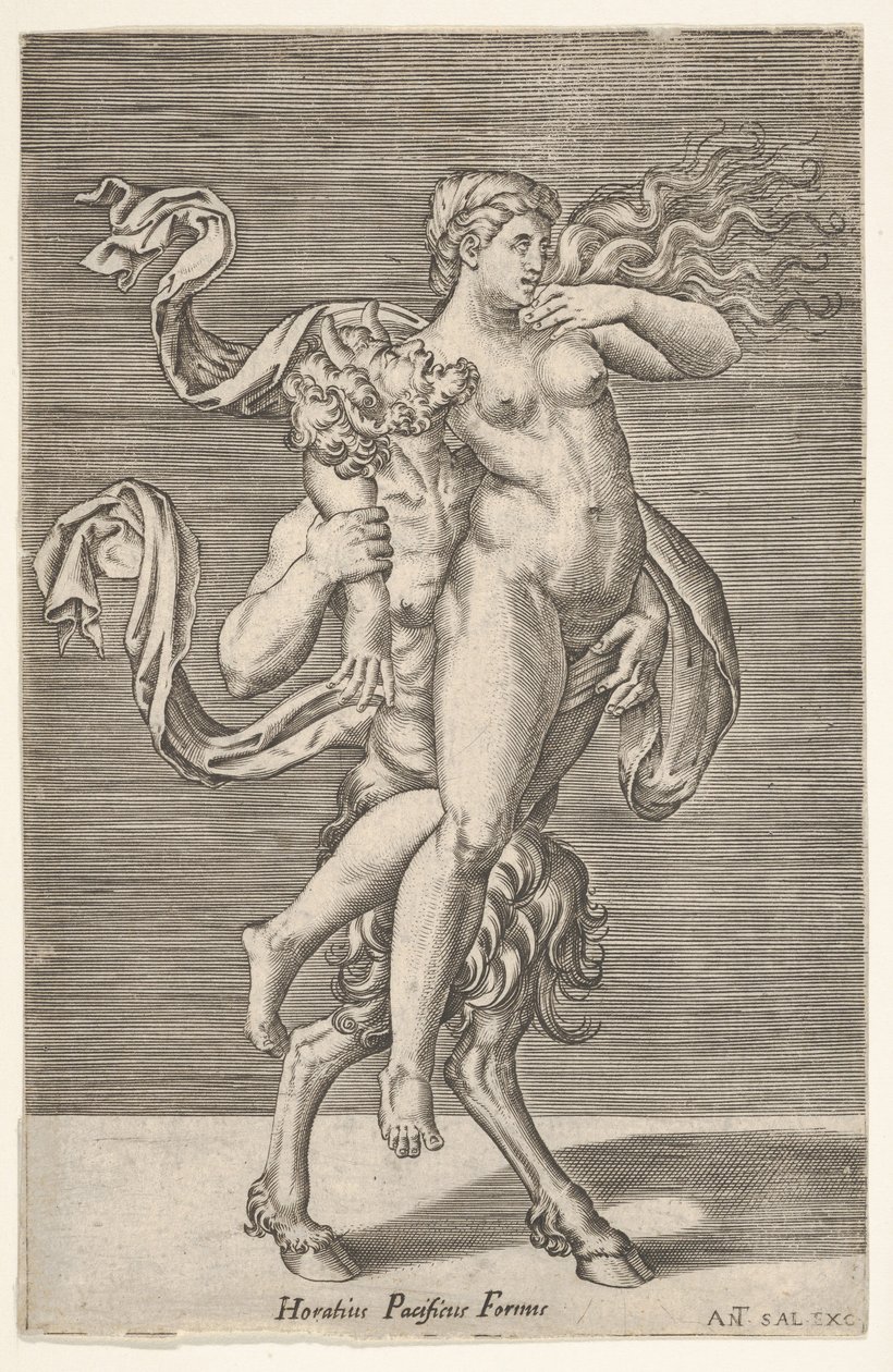 Satyr trägt eine Nymphe, deren rechter Arm um den Hals des Satyrs gewickelt ist, mit einem ..., ca. 1505-1562 von Antonio Salamanca