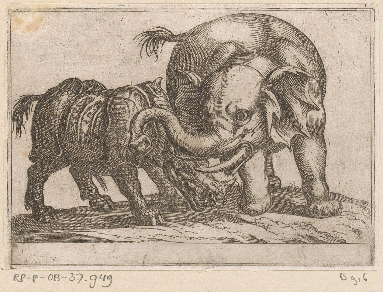 Ein Nashorn kämpft mit einem Elefanten von Antonio Tempesta