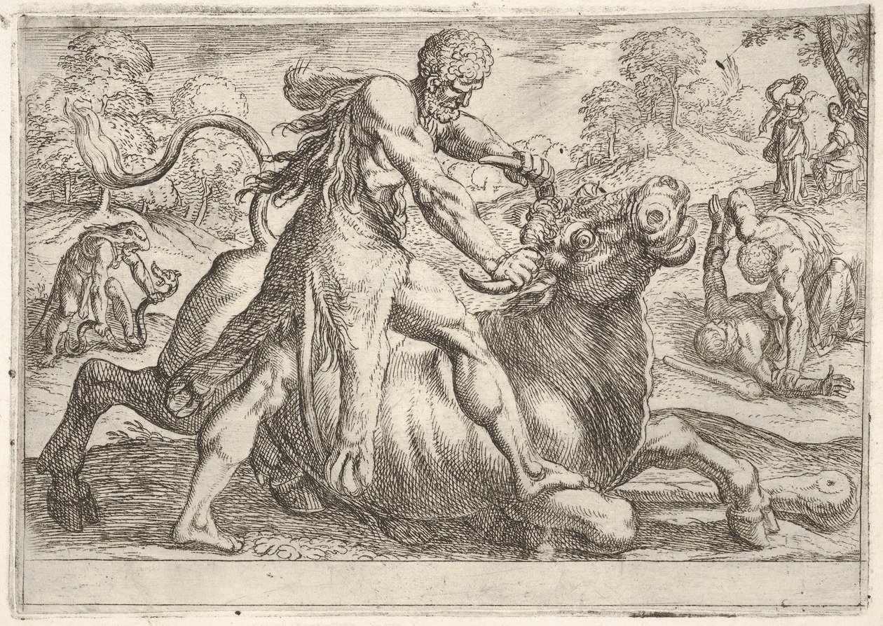 Herkules und Achelous: in der Mitte greift Herkules die Hörner eines Stiers, während er seine rechte Hand drückt..., 1608 von Antonio Tempesta