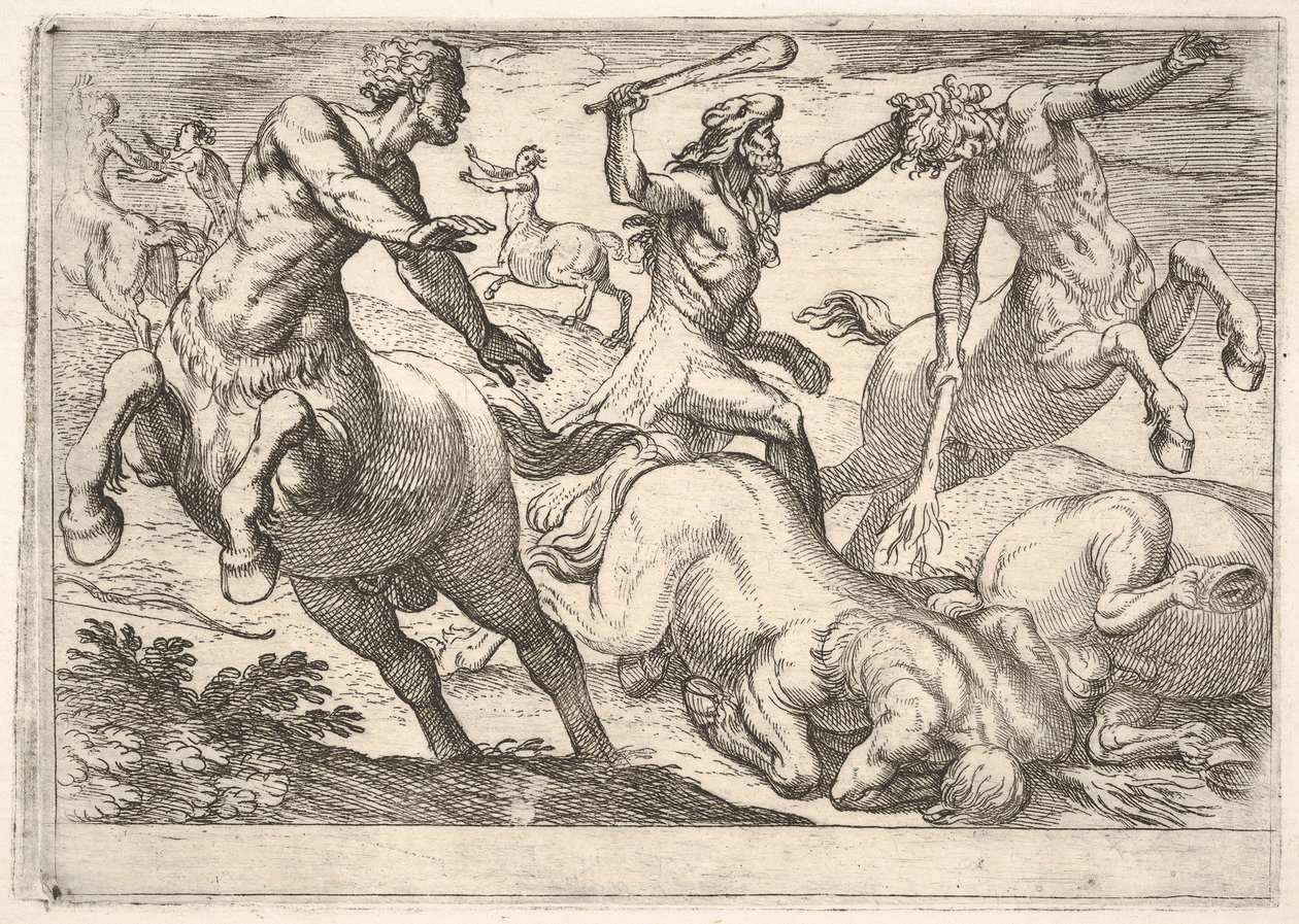 Herkules und die Kentauren: Herkules hält den Kopf eines Kentauren mit seiner linken Hand und erhebt..., 1608 von Antonio Tempesta