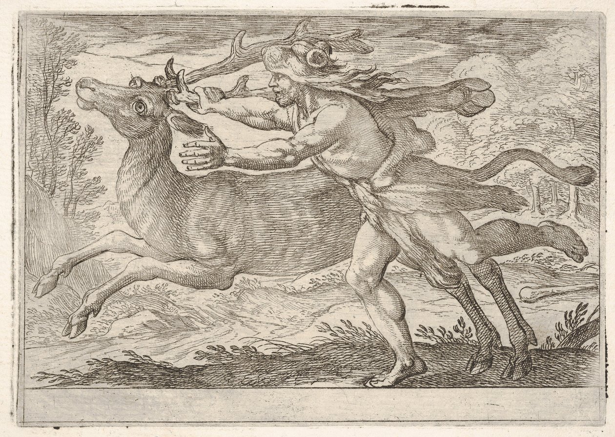 Herkules und die Hirschkuh vom Berg Cerynea: Herkules schreitet neben der Hirschkuh und greift nach den..., 1608 von Antonio Tempesta