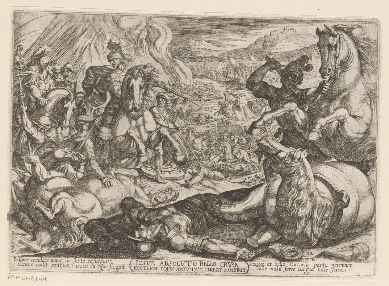 Josua lähmt die Pferde und verbrennt die Wagen der Völker (Iosue absoluto bello crura hostium equis amputat, currus comburit, Alttestamentliche Kampfszenen) von Antonio Tempesta