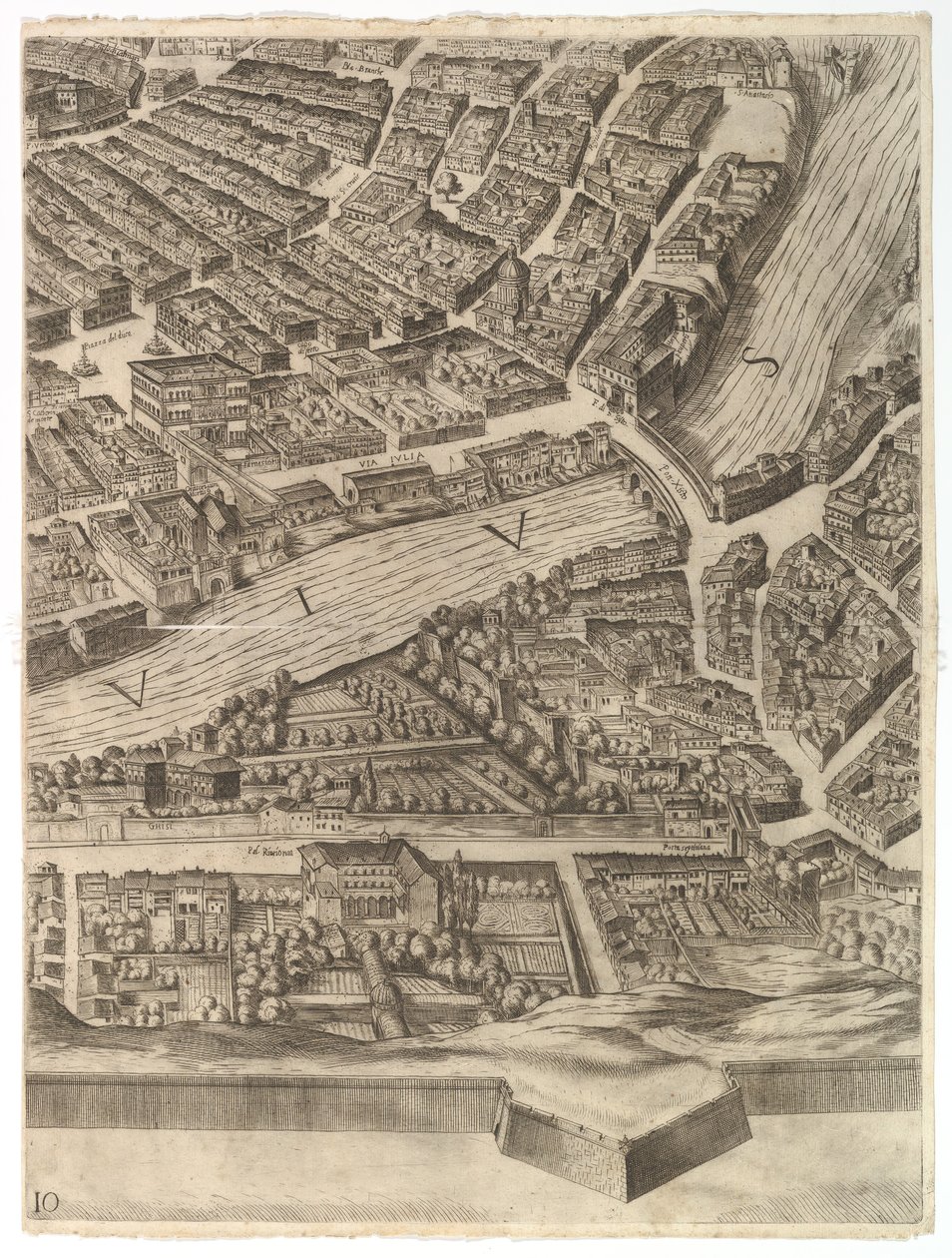 Plan der Stadt Rom. Teil 10 mit dem Tiber und der Villa Farnesina von Antonio Tempesta