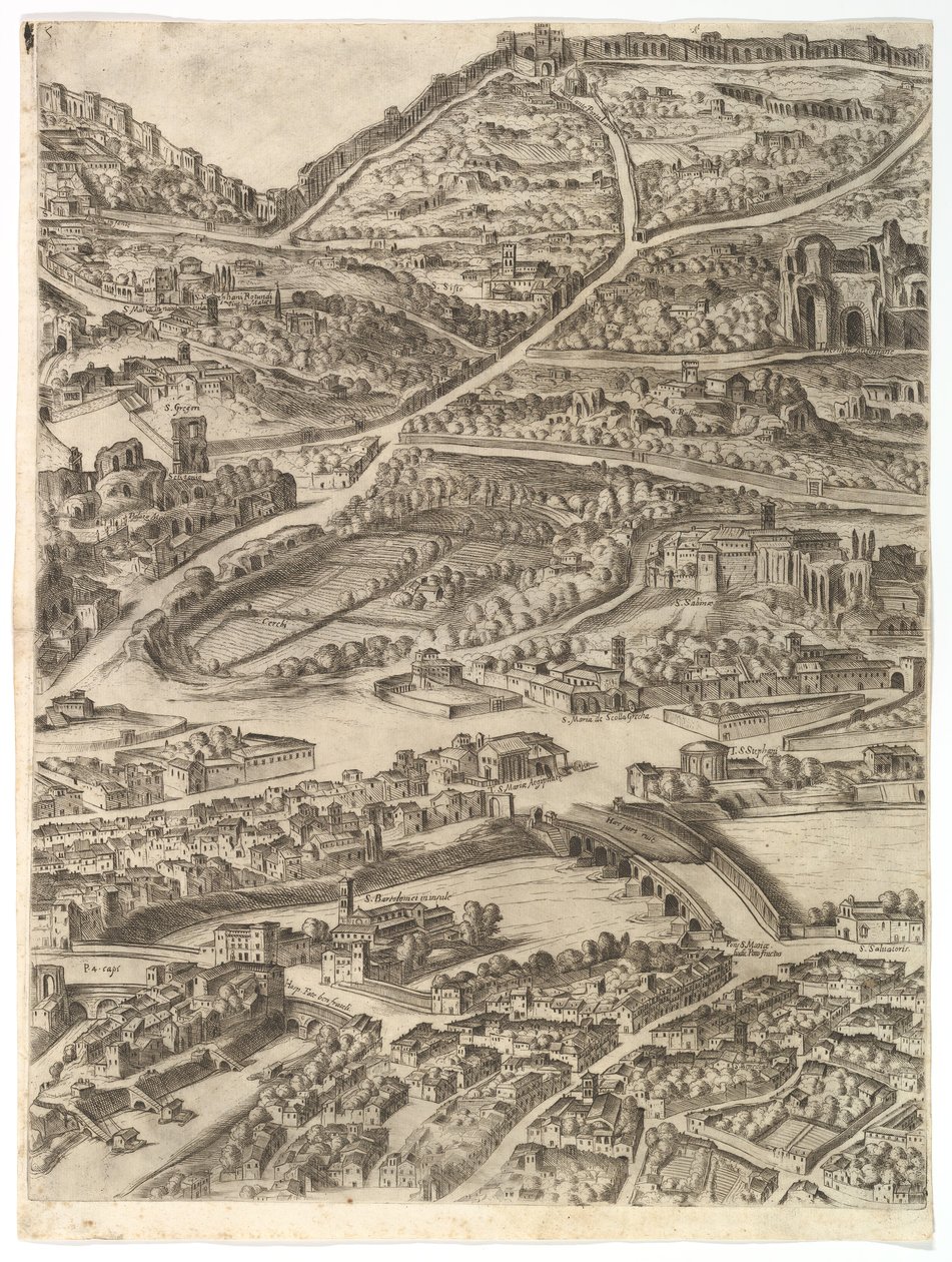 Plan der Stadt Rom. Teil 5 mit den Caracalla-Thermen, der Santa Sabina und einem Teil von..., 1645 von Antonio Tempesta