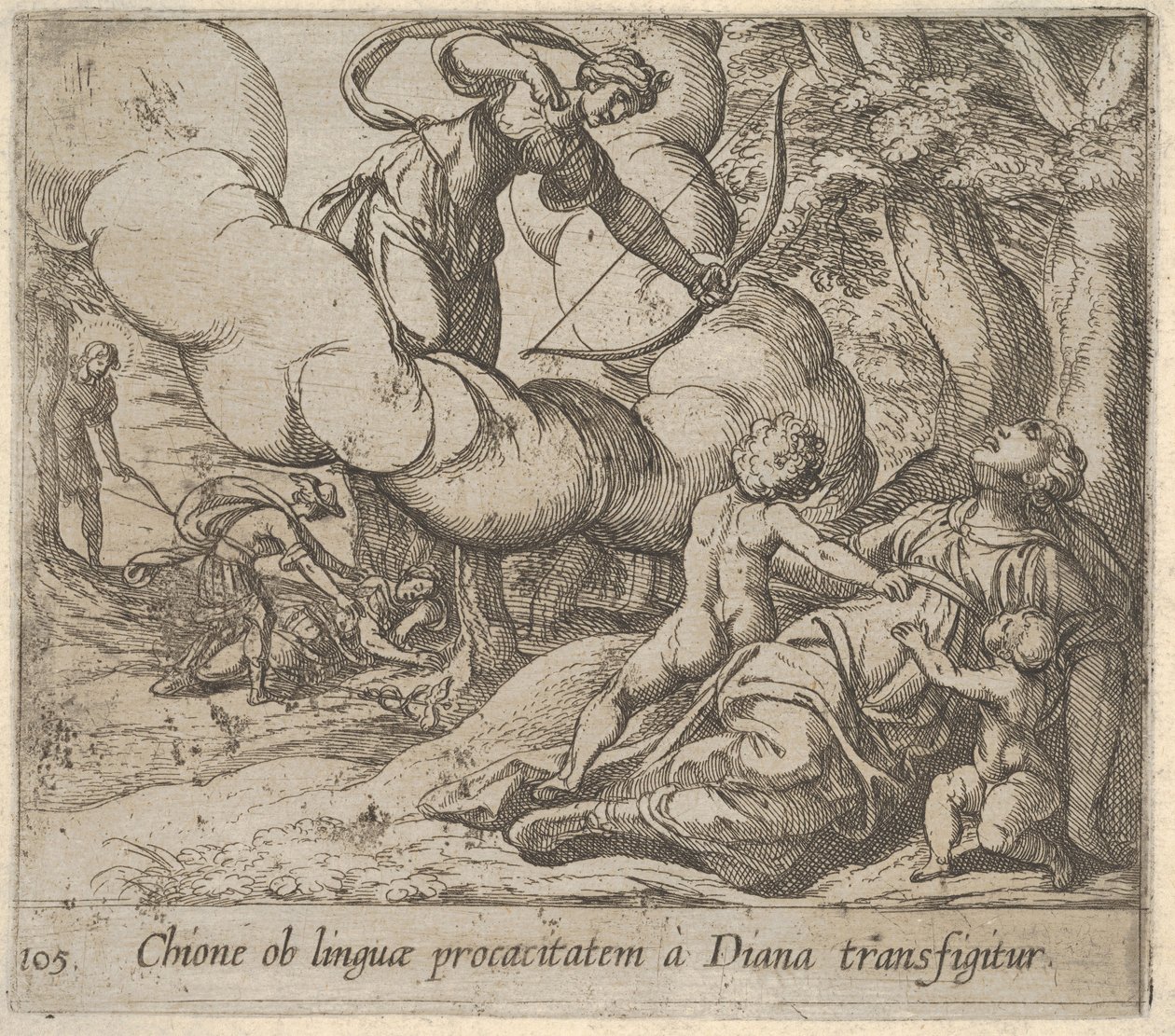 Platte 105: Diana zielt mit ihrem Bogen auf Chione, die von zwei Kindern begleitet wird, 1606 von Antonio Tempesta