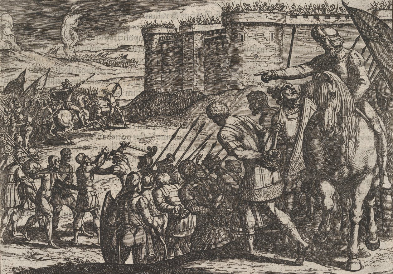 Tafel 16: Römische Gefangene vor der alten Festung, aus Der Krieg der Römer gegen die B..., 1611 von Antonio Tempesta